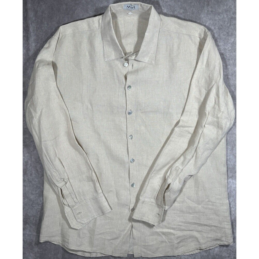 M & E Linen Shirt Men’s XL 100% Lino Beige Button Up Long Sleeve Made In Italy